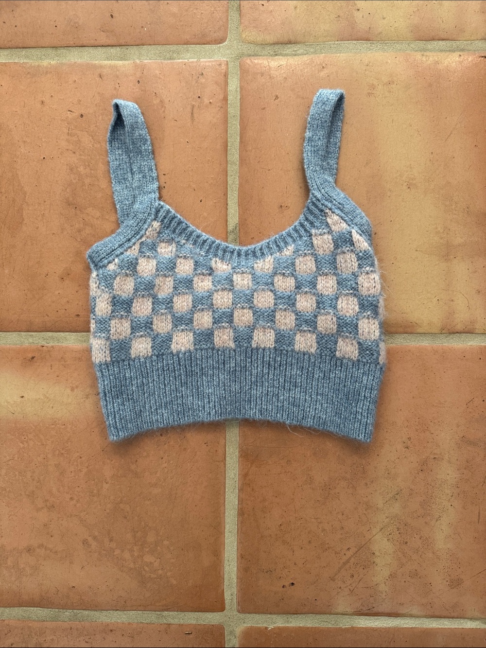 TopShop Knit Checkered Crop Tank in Light Blue and Pink